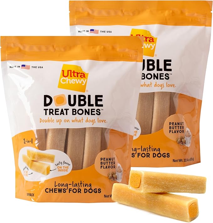 Ultra Chewy Double Treat Bones: Long-Lasting Dog Treats Made in USA for Large and Small Breeds, Highly Digestible, Ideal for Aggressive Chewers (Peanut Butter, 2 Value Packs)