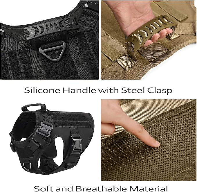 Tactical Dog Harness Vest with Handle Military Working Training Molle Vest with Metal Buckles & Loop Panels for Large Dogs for Walking Hiking Hunting Training Free Bungee Dog Leash (Black L)
