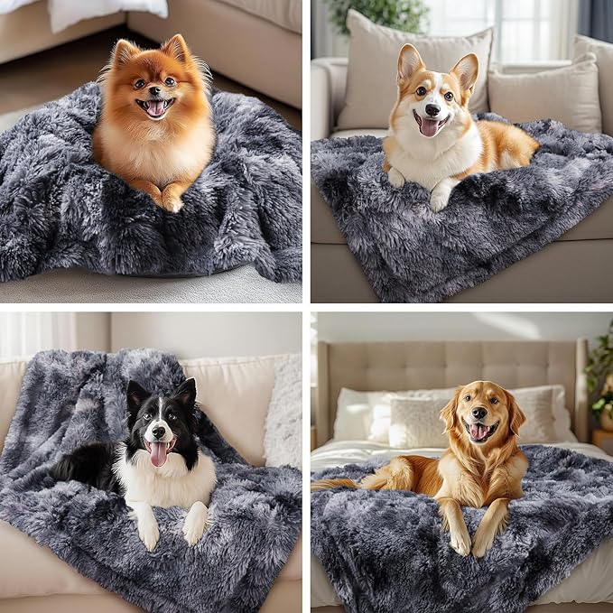 Luciphia Large Waterproof Dog Blanket for Pet Washable Liquid Proof Furniture Protector Shaggy Plush Calming Long Faux Fur Bed Cover for Couch Calming Cat Blankets for Medium, Tie-dye Grey, 40" x 50"