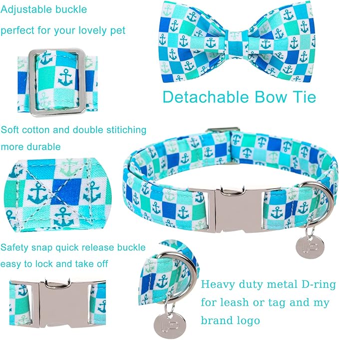 Dog Collar with Bow Tie, Comfortable Cotton Summer Dog Bowtie Collar, Durable Metal Buckle Cute Pet Collar for Medium Girl Boy Dog, M