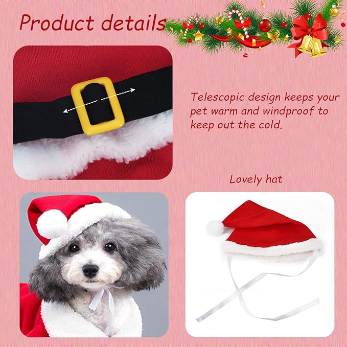 QETRABONE Small Dog Cat Christmas Santa Claus Costume - Red Santa Hat Scarf Cosplay Dressing Up Xmas Party New Year Clothing Accessories (X-Large)
