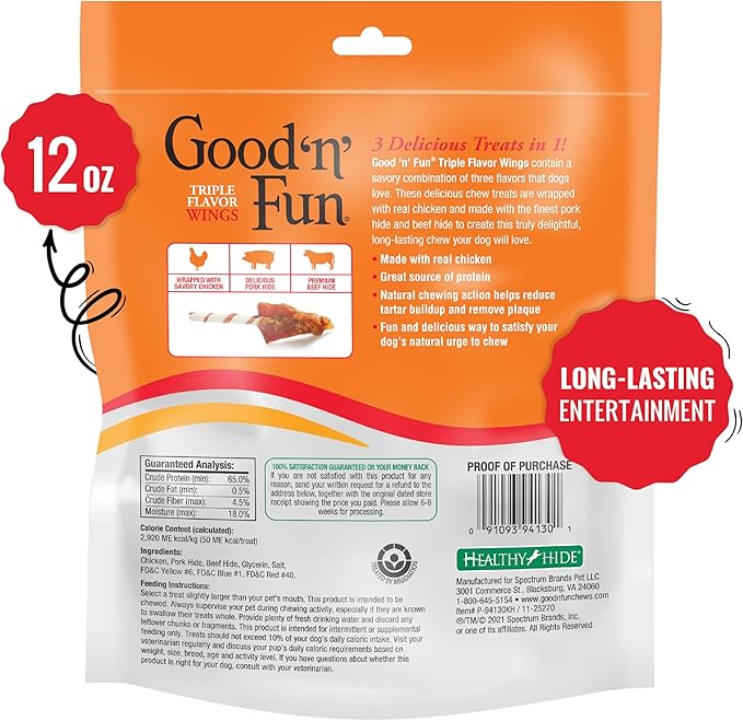 Good ‘n’ Fun Triple Flavor Wings Chews for All Dogs, 12 Ounces, Treat Your Dog to Long-Lasting Chews Made with Chicken, Pork Hide and Beef Hide