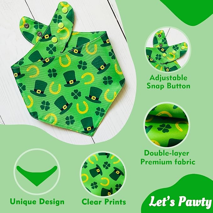 St. Patrick's Day Dog Bandanas with Snap Button, 2 Pack Reversible Shamrock Dog Scarf for Boy & Girl, Premium Durable Fabric, Gift for Dogs, Holiday Bandana for Medium and Large Dogs (Large)