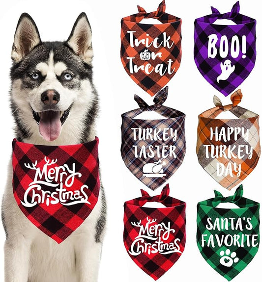 STMK 6 Pack Holiday Dog Bandanas, Halloween Thanksgiving Day Christmas Dog Bandanas for Large Dogs Costumes (Large)