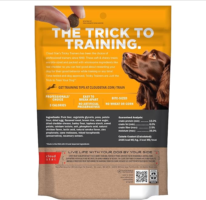Cloud Star Tricky Trainers Soft & Chewy Dog Training Treats 14 oz. Pouch, Cheddar Flavor, Low Calorie Behavior Aid with 360 treats