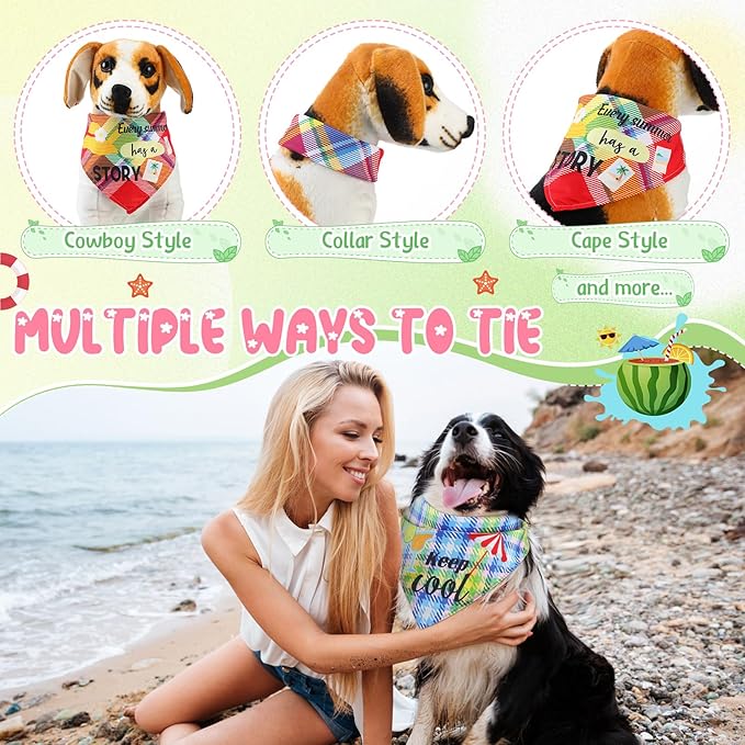 Sweetude 100 Pcs Summer Plaid Dog Bandana Bulk with Sayings Hawaii Bandana Pet Scarf Triangle Bibs Washable Puppy Kerchief Adjustable Grooming Supplies for Small Medium Large Dog Cat Accessories