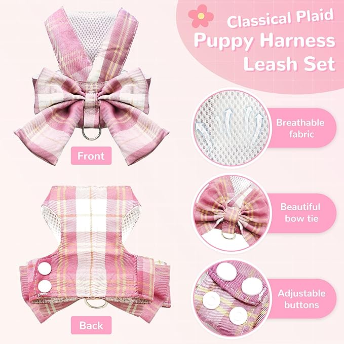 Cute Dog Harness and Leash Set with Bow Tie Soft Mesh Plaid Girl Puppy Harness No Pull Pet Cat Dog Vest Harness for Small Dogs Chihuahua Rabbit Outfit (Pink,L)