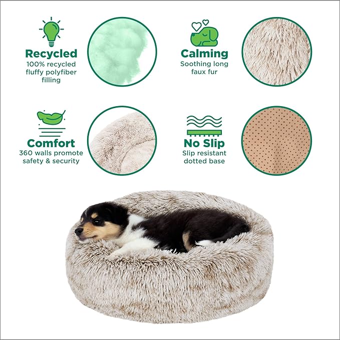 Furhaven 23" Round Calming Donut Dog Bed for Indoor Cats & Small Dogs, Washable, for Dogs Up to 20 lbs - Shaggy Plush Long Faux Fur Donut Bed - Driftwood Brown, Small