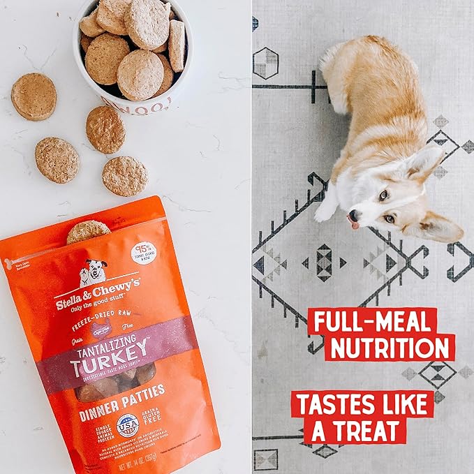 Stella & Chewy's Freeze-Dried Raw Dinner Patties - Turkey Recipe - High Protein Grain-Free Puppy & Dog Food - Perfect For Picky Eaters - 14 oz