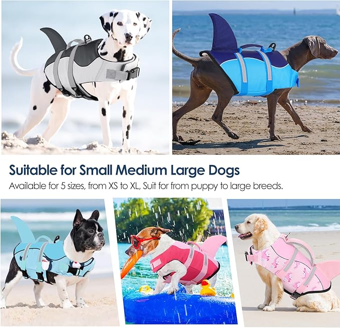 AOFITEE Dog Life Jacket, Shark Dog Life Vest for Swimming Boating, High Flotation Pet Lifesaver with Rescue Handle, Reflective French Bulldog Lifejacket, Life Jackets for Small Medium Large Dogs, M