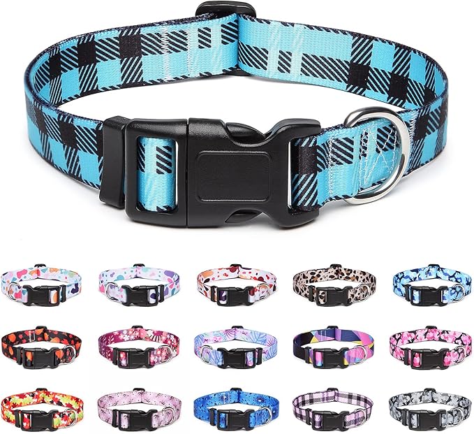 Adjustable Dog Collar with Patterns, Ultra Comfy Soft Nylon Breathable Pet Collar for Small Medium Large Dogs (L, Blue Plaid)
