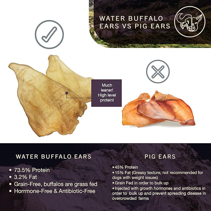 Water Buffalo All Natural Ear Dog Chews, Dog Treats & Snacks - 20 Piece Value Pack (Grain Free Treats - Great Alternative to Pig Ears, Cow Ears, Bones & Rawhides)