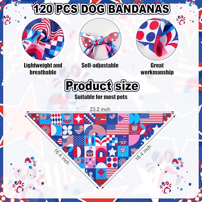 Sanwuta 120 Pcs Patriotic Dog Bandanas Bulk 4th of July Pet Scarves Adjustable Soft Cute Dog Triangle Scarfs for Medium Small Dogs Cats Large Puppy