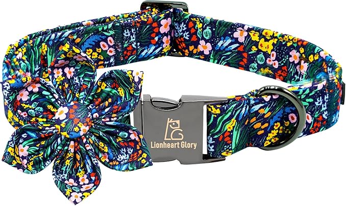Lionheart glory Dog Collar Darkblue Flower Dog Bow Collars Floral Dog Collar with Flower Male or Female Spring Fall Pet Gift Durable Adjustable Dog Collar for Large Dogs