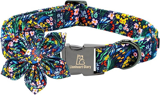 Lionheart glory Dog Collar Darkblue Flower Dog Bow Collars Floral Dog Collar with Flower Male or Female Spring Fall Pet Gift Durable Adjustable Dog Collar for Large Dogs