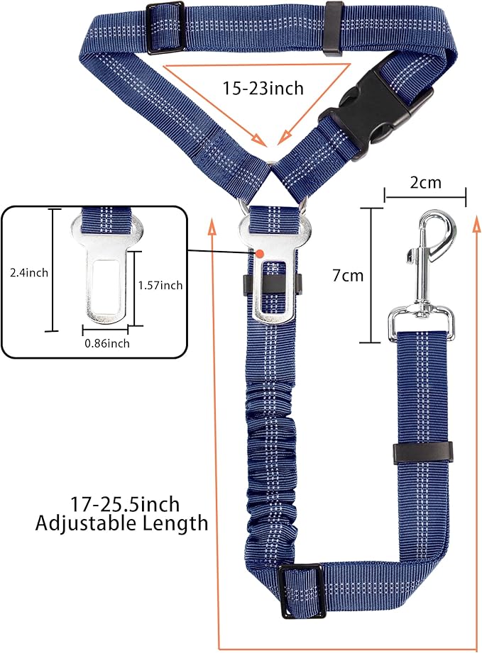 YAOHDAO Dog Seat Belt Harness for Car, Restraint Adjustable with Elastic Bungee Buffer Headrest for Vehicle, 360 Degree Swivel Nylon Pet Safety Seat Belts Heavy Duty Car Harness for Dogs (Blue)