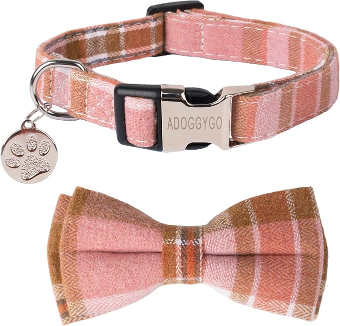 ADOGGYGO Pink Plaid Dog Collar with Detachable Bowtie, Adjustable Soft Plaid Pink Collars for Small Medium Large Female Dogs (Medium)