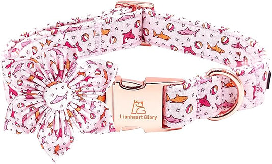 Lionheart Glory Shark Print Pink Collar - Adjustable Soft Dog Collar for Medium Dogs