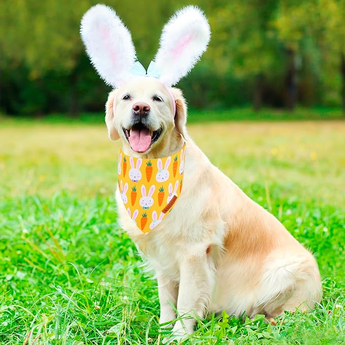 ADOGGYGO Easter Dog Bandana, Egg Rabbit Carrot Pet Scarf, Premium Durable Fabric, White Orange Easter Bandanas for Medium Large Dogs Pets (Large)