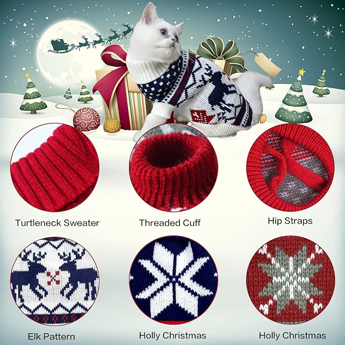 3Pcs Christmas Dog Sweater Costume Xmas Cat Knitwear Clothes Navy Blue White and Christmas Red Sweaters with Reindeers Snowflakes Pattern for Kitten Cat Puppy Dog XS