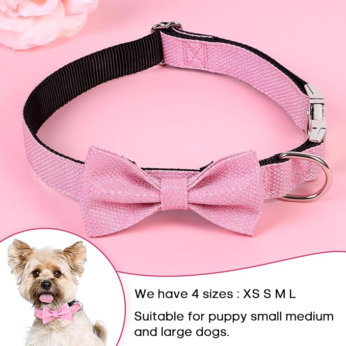 Dog Collar with Bow for Small Medium Large Dogs, Cute Bling Dog Bow Tie Collar with Metal Buckle, Soft & Durable for Medium Dogs Walking (Light Pink, M)