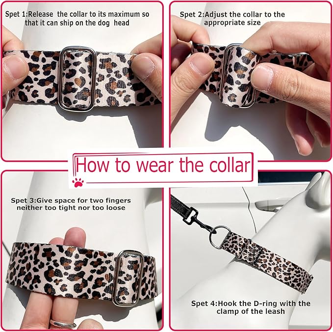 1.5 Inches Martingale Collar for Large Dogs,Wide Adjustable Heavy Duty Training Collars with Leopard Pattern,No Slip Dog Collar Perfect for Training,Walking, Hunting(Leopard L)