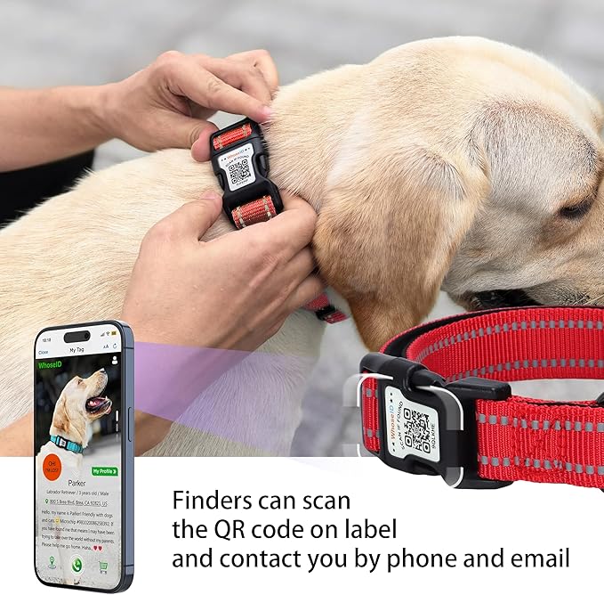 Dog Collar with QR Code, Reflective Dog Collar, Soft Neoprene Padded & Safety Locking Buckle Adjustable Pet Collar (Red, L-with Airtag Holder)