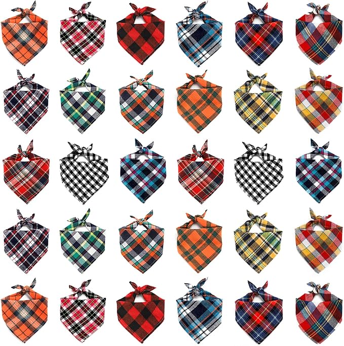 Segarty Dog Bandanas, 30 Pack 22.8"x15.7" Pet Scarf Triangle Plaid Bibs Accessories Bulk for Small Medium Small Dogs Cats Large Puppy Dogs, Adjustable Washable Reversible Boy Pets Birthday Kerchief