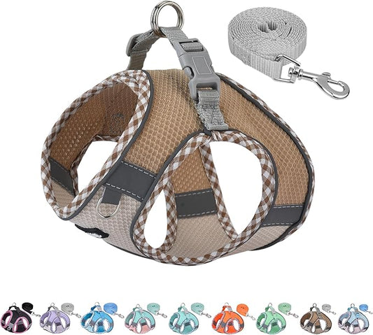 AIITLE Teacup Puppy Harness with Leash - Adjustable Soft Vest with Magic Velcro & Reflective Safety Strips, Easy-Put-On for Poodles, Pomeranians - Gym, Hiking, Travel (Brown-Beige, S)