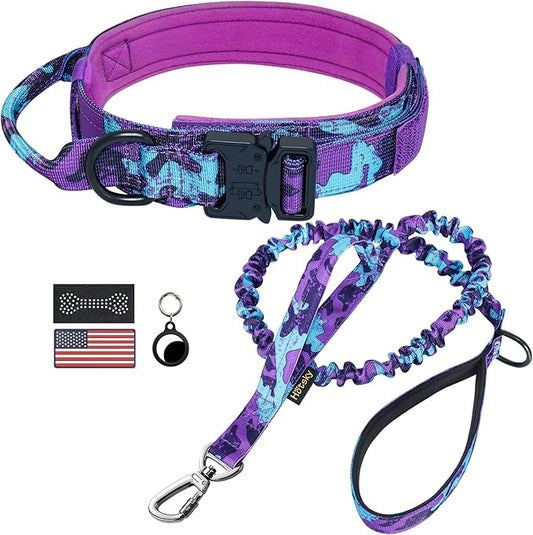 Hotsky Tactical Dog Collar and Leash Set, Heavy Duty Military Airtag Dog Collar with Handle and Metal Buckle for Training and Walking, with Airtag Holder and Two Patches (Purple Camo, XL)