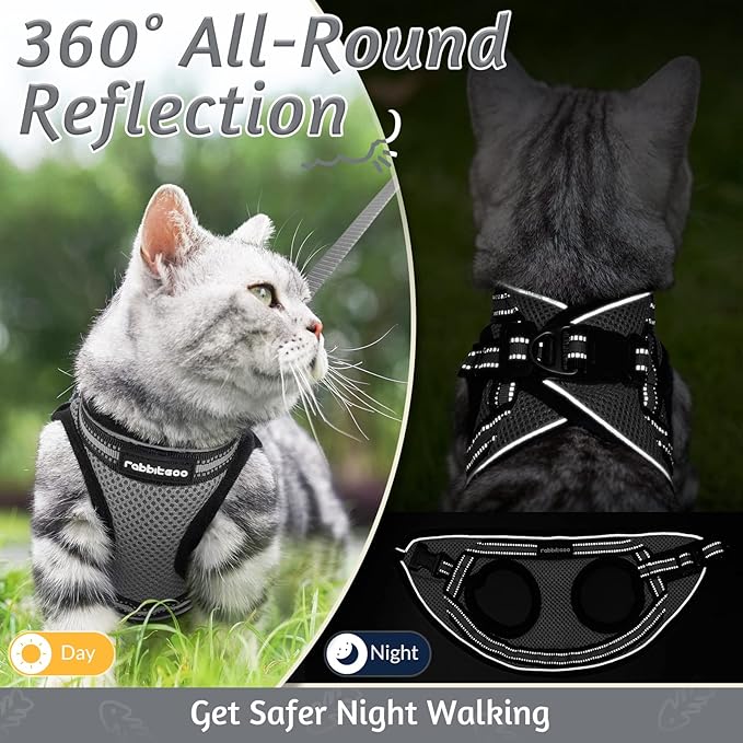 rabbitgoo Cat Harness and Leash Set for Walking Escape Proof, Adjustable Soft Kittens Vest with Reflective Strip for Cats, Comfortable Outdoor Vest, Grey, S