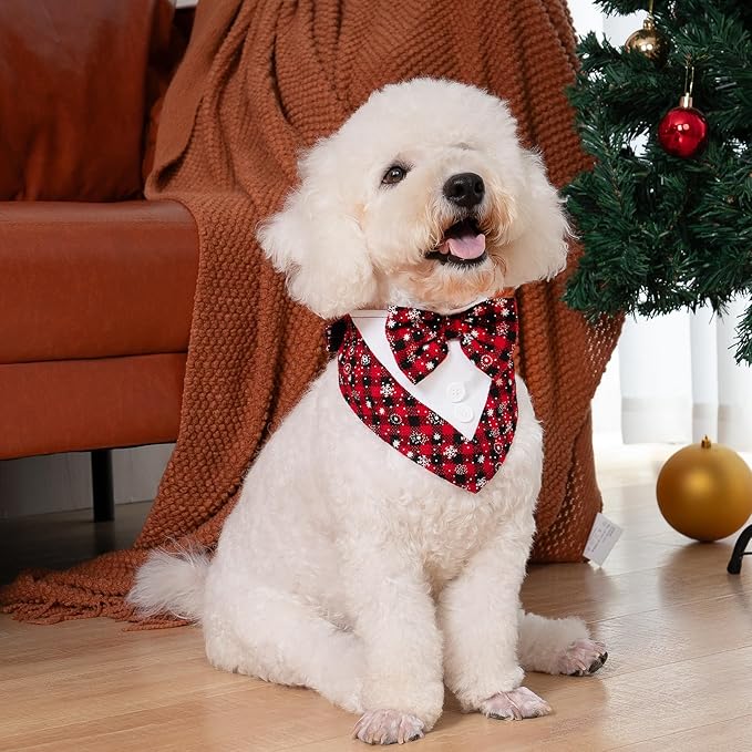 Cyeollo 2 Pack Christmas Tuxedo Bandana - Adjustable Red Plaid Dog Outfit With Bow Tie Costume for Small Dogs Cats, S