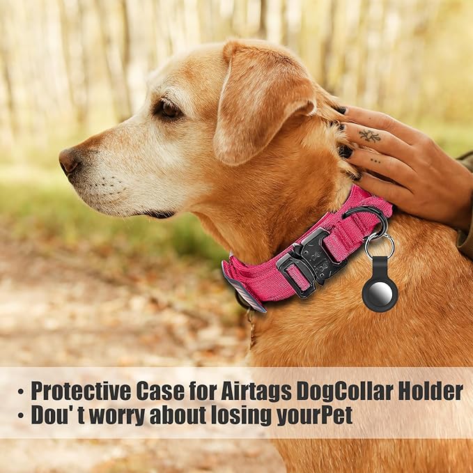 Tactical Dog Collar and Bungee Leash Set, Adjustable Military Training Nylon Dog Collar with Controll Handle and Heavy Metal Buckle,with USA American Flag, Patches and Airtags Case(Pink, L)