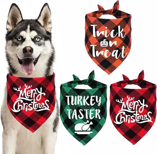 STMK 3 Pack Holiday Dog Bandanas, Halloween Thanksgiving Day Christmas Dog Bandanas Trick or Treat Turkey Taster Merry Christmas Holiday Dog Bandana for Large Dogs Costumes (Large)