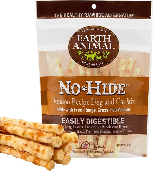 Earth Animal No Hide Stix Venison Flavored Natural Rawhide Free Dog Chews Long Lasting Chew Sticks | Treats for Small Dogs and Cats | Great for Aggressive Chewers (1 Pack)