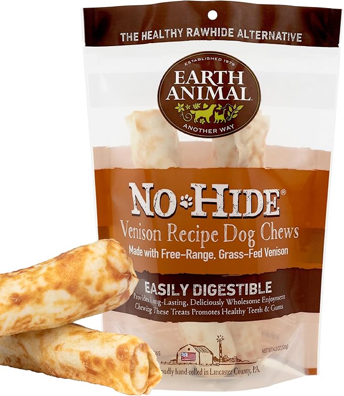 Earth Animal No Hide Medium Venison Flavored Natural Rawhide Free Dog Chews Long Lasting Chew Sticks |Treats for Large Dogs | Great for Aggressive Chewers (1 Pack)