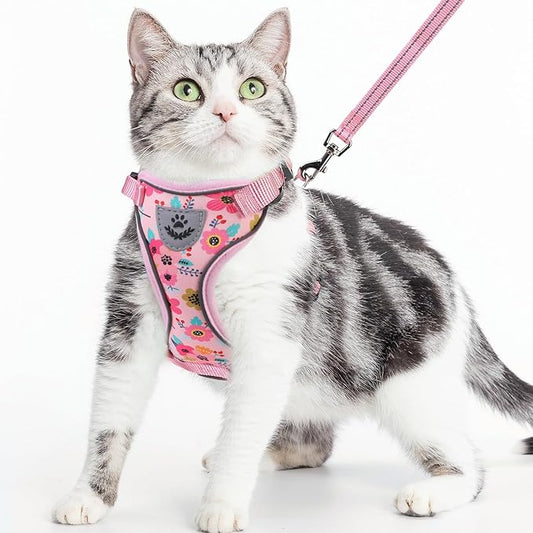 PUPTECK Cat Harness and Leash Set Escape Proof Reflective Cat Walking Harness Adjustable Soft Breathable Mesh Vest for Small Pets, Pink Flowers, S