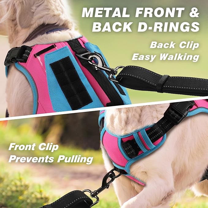 WINGOIN Tactical Dog Harness for Large Dogs, No Pull Harness with Handle Pockets Poop Bag, Reflective Dog Vest, Military Service Heavy Duty Big Dog Harness for Walking Hiking Training, Pink Blue, L