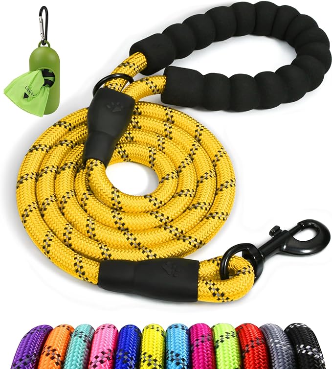 Taglory Rope Dog Leash 4 FT with Comfortable Padded Handle, Highly Reflective Threads Leash for Small Dogs, 3/8 inch, Yellow