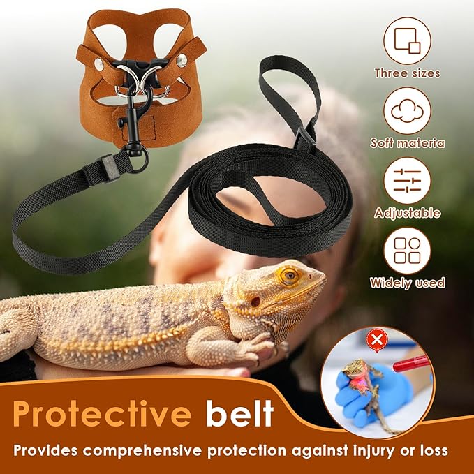 3 Pack Bearded Dragon Harness and Leash Set - Adjustable Soft Leather Lizard Harness 3 Sizes with Leash Small Animal Traction Rope Walking Vest Accessories for Lizards and Other Small Reptiles