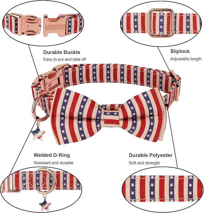 ADOGGYGO American Flag Dog Collar with Bow, Detachable Striped Star Bow, Metal Buckle, Adjustable Patriotic 4th of July Collars for Large Dogs Boy Girl Male Female (Large)