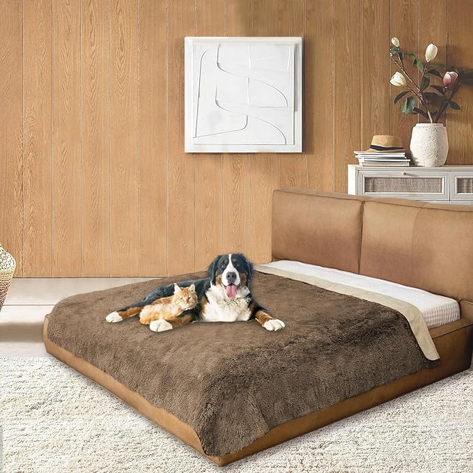 Waterproof Dog Bed Cover, Soft Plush Pet Blanket with Anti-Slip Back for Bed Couch Sofa, Furniture Protector for Small, Medium and Large Dogs and Cats (Brown, 82"x82")