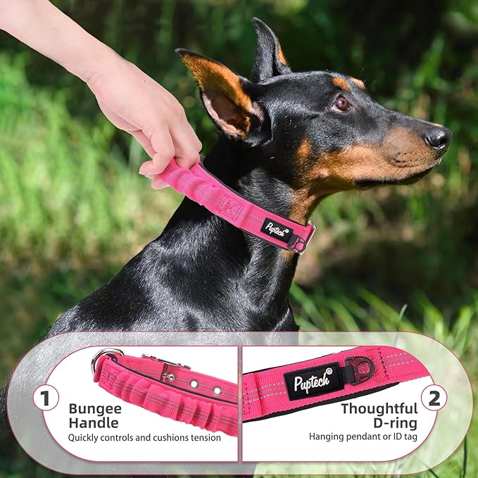 PUPTECK Heavy Duty Dog Collar with Handle Bungee for Small Medium Large Dogs, Tactical Dog Training Collar for Easy Control, Reflective Padded Dog Collars for Walking Running, Deep Pink, S