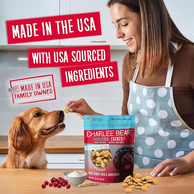 Charlee Bear Original Crunch Turkey Liver & Cranberries Dog Treats, 16 oz (3-Pack) - Made in the USA Natural Training Treats for Dogs