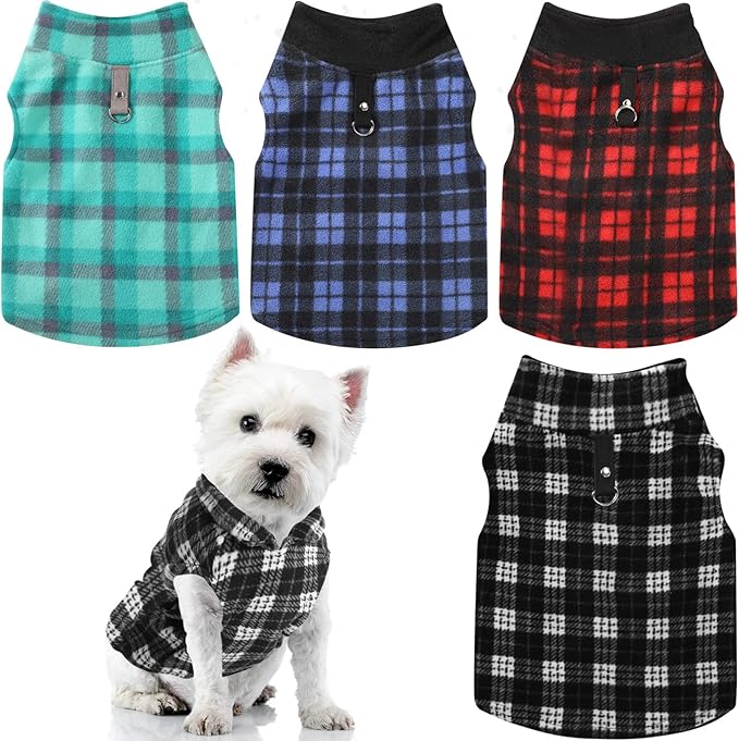 Weewooday 4 Pieces Winter Fabric Dog Sweaters with Leash Ring Soft Fleece Vest Pullover Pet Jacket Warm Dog Clothes Coats for Pet Puppy Cats Chihuahua(S(Neck:10.2-11” Chest:13.8-14.7”))