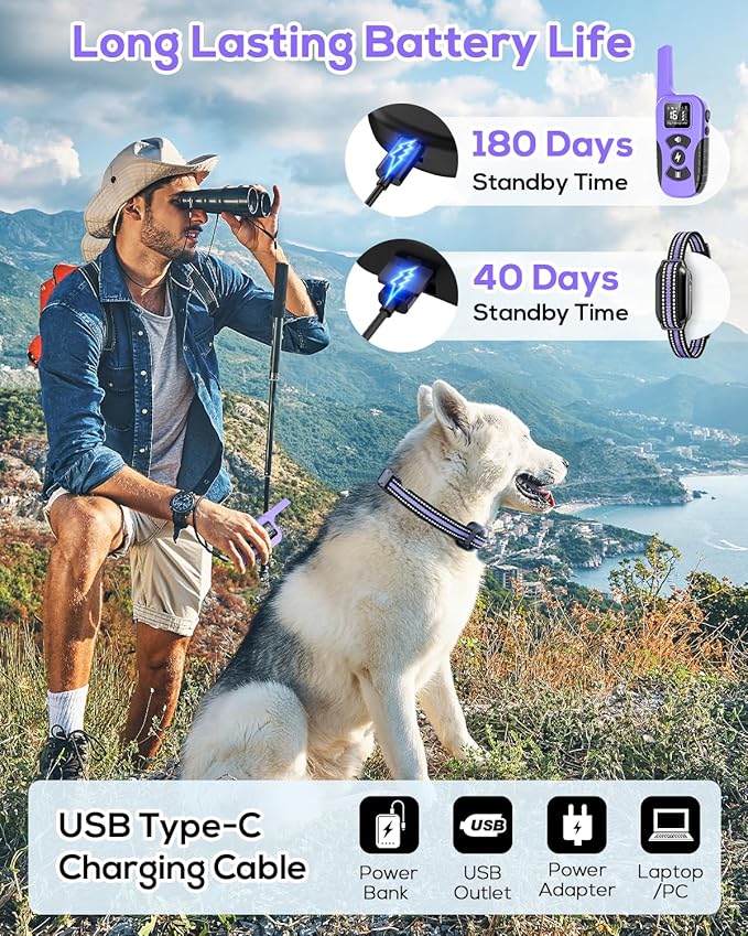 Dog Shock Collar for 2 Dogs (5-120lbs) 3300FT Dog Training Collar with Remote, Rechargeable E-Collar Waterproof Collars with 3 Training Modes for Large Medium Small Dog-Purple
