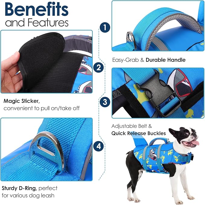 AOFITEE Dog Life Vest for Swimming, Shark Dog Life Jacket Large, High Flotation Dogs Swimming Vest with Rescue Handle and Reflective Stripe, Dogs Lifesaver Swimsuit for Boating Summer Pool Beach, XL