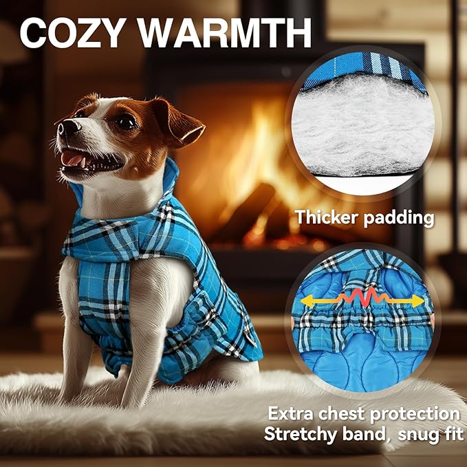VIVAGLORY SoftJoy Dog Winter Coat - British Style Plaid Jacket & Vest for Cold Weather Snow - Reversible, Warm & Heavy Duty - XL Blue