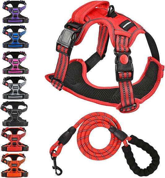No Pull Dog Harness with A Free Heavy Duty 5ft Dog Leash, Adjustable Soft Padded Dog Vest, Reflective No-Choke Pet Oxford Vest with Easy Control Handle for Small and Large Dogs(Red, Large)