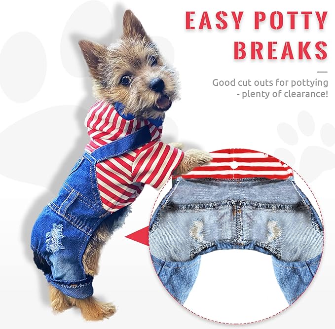 Small Dog Hoodie Clothes Cute Stripe Shirts Denim Jumpsuit One-Piece Outfit for Small Medium Dogs Cats Boy Girl Chihuahua Blue Jeans Overalls Puppy Costume (Red,XS)
